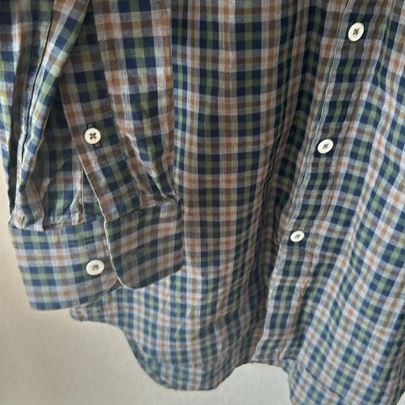 Billy Reid sz M men’s button down plaid shirt navy grey orange green great cond - Picture 3 of 5